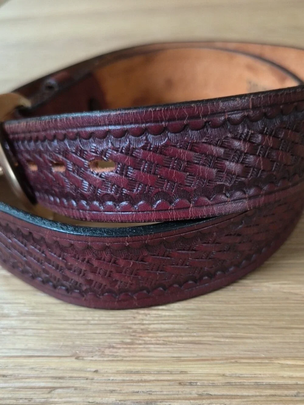 Vintage Leegin Tooled Burgundy Leather Belt 36 Made in USA